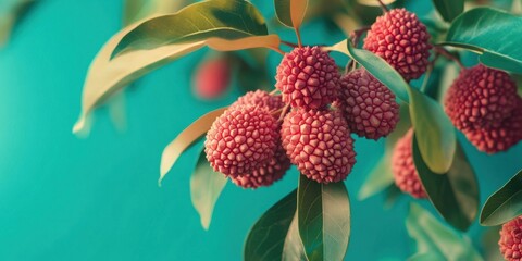 Poster - Vibrant display of ripe lychee fruits clustered on branch against turquoise background showcasing rich textures and colors of tropical fruit