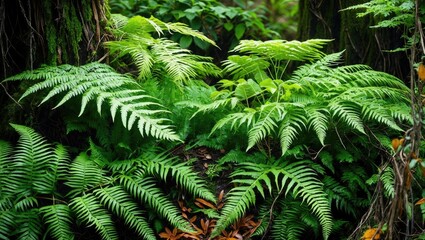 Wall Mural - lush green ferns with varying leaf shapes and sizes in a dense forest environment with soft natural 