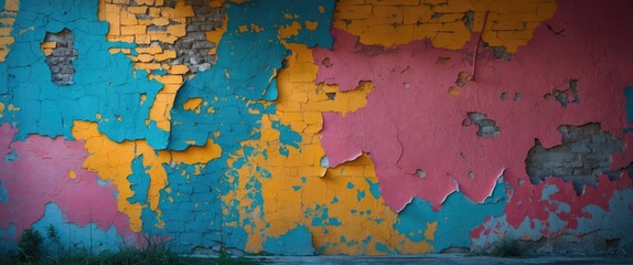 Wall Mural - Colorful grunge wall texture with peeling paint in vibrant shades of blue, pink and yellow creating an urban background aesthetic
