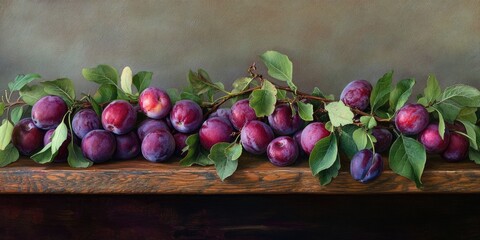 Poster - Ripe Marian plums in shades of purple and green arranged on a rustic wooden table against a soft muted background with leafy branches