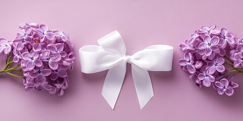 Poster - Lilac flowers arranged symmetrically on a soft pink background with a white ribbon bow in the center creating a delicate floral composition.