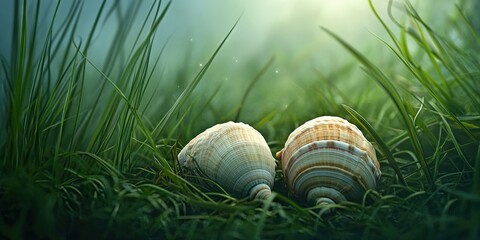 Poster - Close-up of two seashells resting on vibrant green grass under soft sunlight with a hazy background creating a serene natural atmosphere.