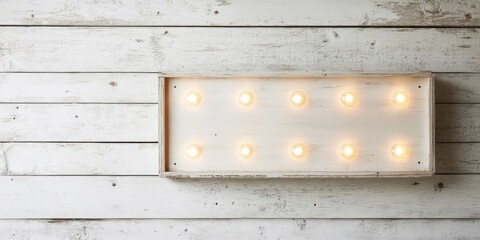 Aufkleber - Lightbox with warm glowing lights on a rustic white wooden surface top view empty space for text on left side warm tones relaxing atmosphere