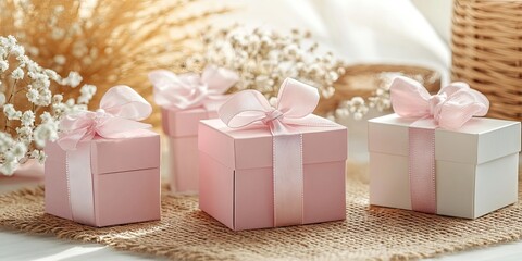Poster - Pastel pink and white gift boxes with ribbons on natural textured mat surrounded by dried flowers and soft light creating a warm atmosphere