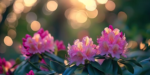 Poster - Blossoming pink rhododendron flowers with delicate petals illuminated by soft golden bokeh lights in a serene green background setting.