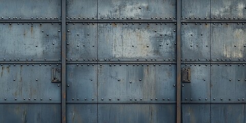 Poster - Industrial grey garage door displaying detailed textures and weathered metal surface with rivets and rust, ideal for creative design projects.