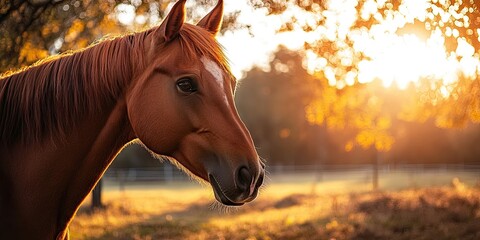 Poster - Stunning chestnut horse head portrait illuminated by sunset in a golden paddock with soft trees in the background creating a serene atmosphere