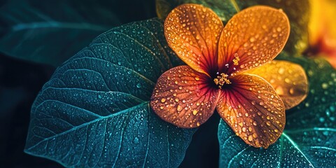 Wall Mural - Vibrant close-up of an orange flower with water droplets embedded in green textured leaves, showcasing intricate details and lush colors.