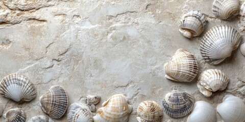 Poster - Seashells arranged on a textured sandy background with soft neutral tones and organic shapes creating a serene coastal aesthetic.