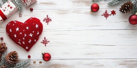 Poster - Festive flat lay of a red knitted heart with white stars, Christmas ornaments, pine cones, and snowflakes on a rustic white wooden background.