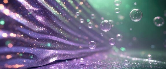 Wall Mural - Violet glitter texture with emerald haze and bubbles creating an abstract sparkling background for creative design projects.