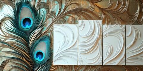 Leinwandbilder - Vibrant peacock feathers in teal and blue positioned to the left of textured white paper panels against a shimmering gold metallic backdrop.