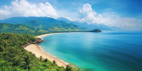 Aufkleber - Serene coastal landscape featuring lush green mountains, sandy beach, and clear blue waters under a bright sky with fluffy clouds.