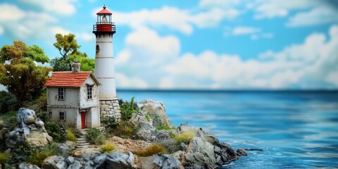 Aufkleber - Lighthouse on rocky shore with red roof cottage surrounded by lush greenery under a blue sky with fluffy clouds and sparkling ocean water