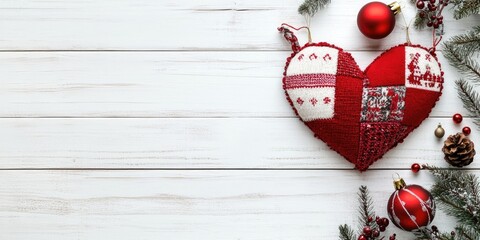 Poster - Red and white decorative heart-shaped ornament on a white wooden background with Christmas decorations including pine cones and red baubles.