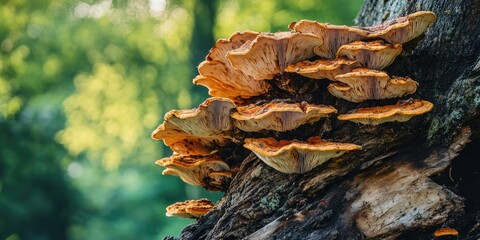 Fototapete - Wooden fungi thriving on a decaying tree trunk amidst soft green foliage creating a vibrant natural setting with orange and brown hues showcasing ecological importance