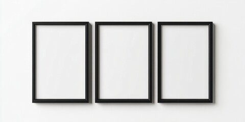 Leinwandbilder - Minimalist black photo frames arranged horizontally on a clean white background, showcasing three distinct empty rectangular spaces for art.