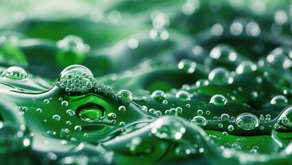 Wall Mural - Closeup of shimmering green liquid surface with bubbles creating a vibrant texture and depth for abstract backgrounds or design elements.