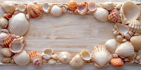 Poster - Seashells in soft beige and cream tones arranged in a natural frame on a light wooden background, ideal for summer holiday memories.