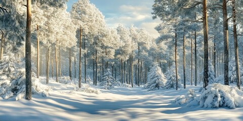 Aufkleber - Serene winter landscape featuring tall evergreen trees dusted with snow under a clear blue sky, capturing tranquility in a snowy forest scene.