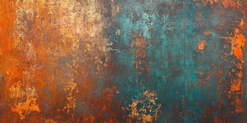 Poster - Abstract colorful rusty metal backdrop featuring vibrant orange, teal, and gold hues with a textured, grungy surface creating visual depth.