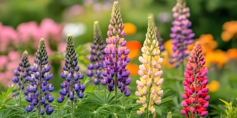 Leinwandbilder - Vibrant lupine flowers in a garden display various colors including purple, pink, and yellow with soft blurred floral background creating a serene spring atmosphere