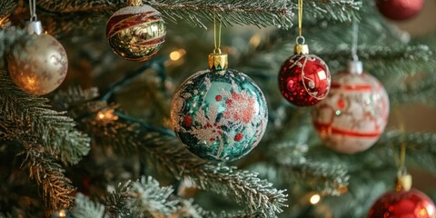 Poster - Colorful Christmas ornaments in red and green hanging on a frosted evergreen tree, surrounded by warm golden lights, creating a festive atmosphere.