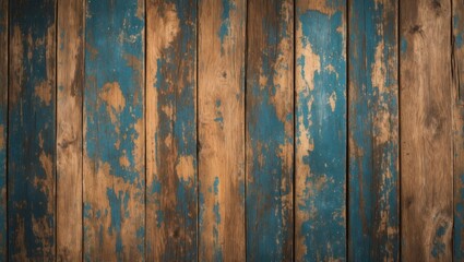 Wall Mural - Textured vintage wood paneling with worn blue and brown paint creating a rustic and grunge background for design projects and templates.