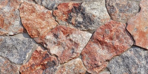 Poster - Granite stone wall texture featuring coral and gray hues with irregularly shaped stones arranged in a diverse pattern across the surface.