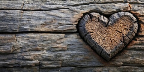 Aufkleber - Heart shape carved into textured dark brown wood surface with visible grain patterns highlighting rustic charm and warmth.