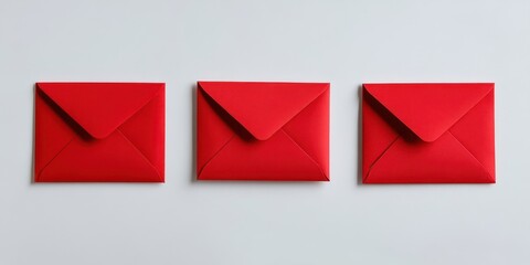 Poster - Three vibrant red envelopes arranged neatly in a row on a clean white background creating a striking visual contrast with a minimalist aesthetic