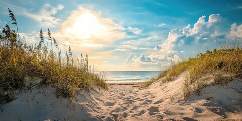 Aufkleber - Scenic beach pathway framed by golden sand dunes and tall grass under a bright sunlit sky with wispy clouds and calm ocean in the distance.