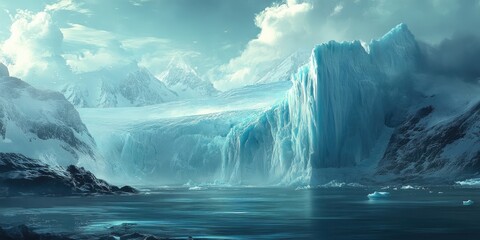 Aufkleber - Majestic icebergs tower over a serene turquoise sea under a cloudy sky with distant snow-capped mountains creating a breathtaking winter landscape