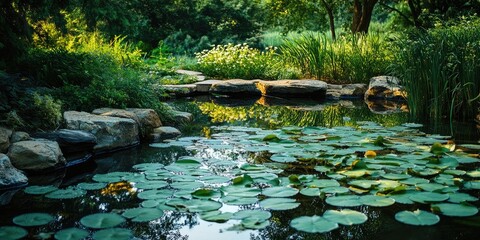 Poster - Lily pond landscape featuring tranquil reflections with lush greenery and rocks in afternoon light creating a serene natural setting.