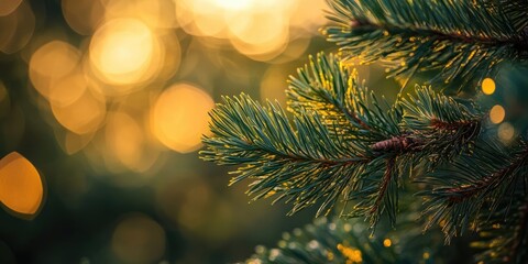 Poster - Golden bokeh lights create a warm background with a close-up of vibrant pine branches positioned to the right softly illuminated by sunlight.