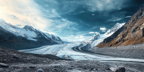 Aufkleber - Expansive glacier landscape with rugged mountains under a dramatic sky featuring hues of blue and white, foreground rocky terrain enhancing depth.