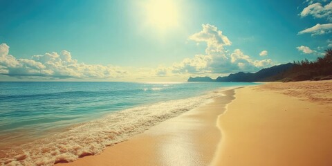 Aufkleber - Serene beach landscape during golden hour featuring soft waves washing onto a sandy shore with distant mountains under a clear blue sky.