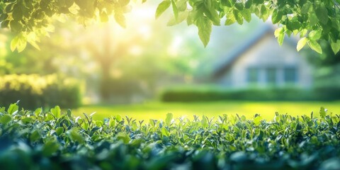 Leinwandbilder - Vibrant green garden framing a blurred house exterior under soft sunlight, showcasing the essence of a healthy home environment filled with nature