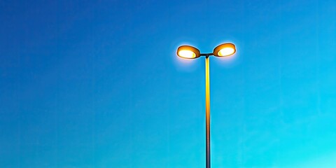 Poster - Street lamp illuminating a clear blue sky at dusk with soft light glow and minimalistic design in the foreground showcasing tranquility.