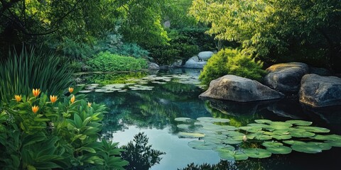 Poster - Tranquil lily pond landscape featuring lush greenery and serene reflections under afternoon shade with vibrant lilies and smooth stones in view.
