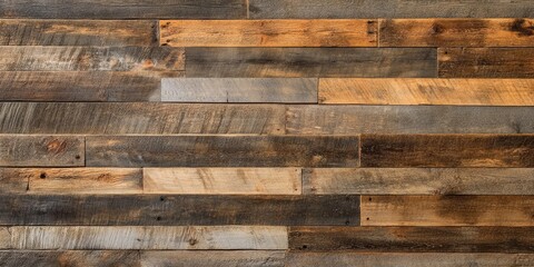 Aufkleber - Rustic wooden wall collage featuring varying shades of brown, gray, and warm tones, arranged horizontally in a textured pattern for a vintage look.