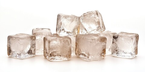 Poster - Clear ice cubes stacked asymmetrically on a clean white background with a shiny surface reflecting light; cool tones creating a refreshing visual.
