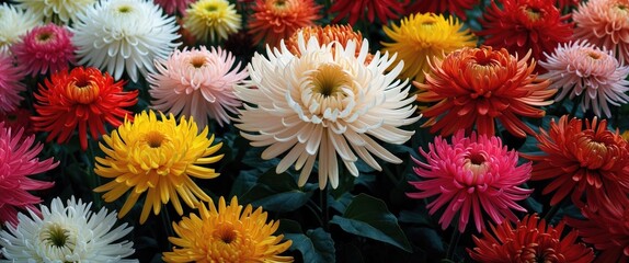 Poster - Vibrant Display of Multicolored Chrysanthemums in Full Bloom Showcasing White Yellow Red Pink and Gold Petals