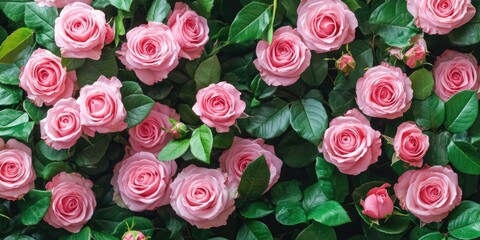 Aufkleber - Flat lay of delicate pink roses with lush green leaves, arranged symmetrically across a dark background, creating a vibrant, floral tapestry.