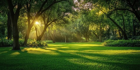 Fototapete - Serene park scene bathed in morning light with lush green grass and trees casting soft shadows creating a tranquil natural backdrop