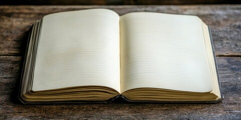Leinwandbilder - Open blank notebook resting on a rustic wooden table with a rich dark brown texture showcasing empty pages for notes or sketches.