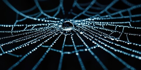 Leinwandbilder - Macro photography of a spider web with numerous dew drops glistening on the strands against a dark background showcasing intricate details and beauty
