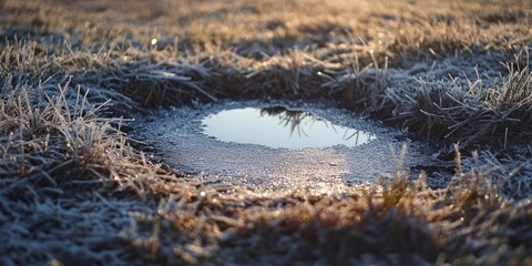 Aufkleber - Frosty ground with a circular puddle reflecting morning light surrounded by grass displaying a subtle gradient of cool tones and soft textures.