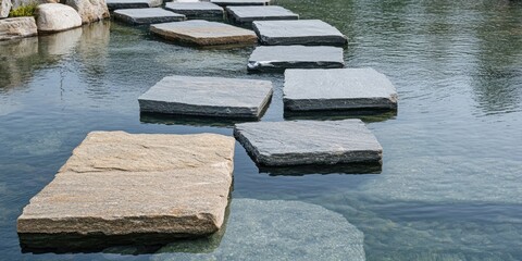 Aufkleber - Serene water pathway with flat stone slabs arranged in a row across clear water, surrounded by natural elements reflecting a tranquil landscape.