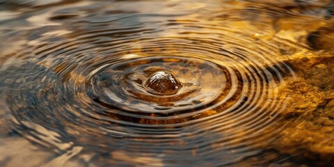 Aufkleber - Golden ripples on a tranquil water surface created by a droplet landing at the center, with natural earthy tones surrounding the edges.